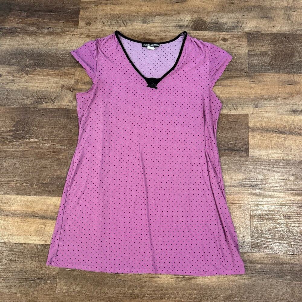 Studio Donatella Sleepshirt L Fuchsia Pink Black Polka Dot V-Neck Soft Retro Bow